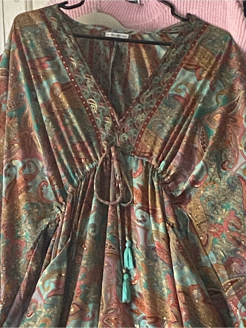 Paisley Maxi Dress with V-Neck and Drawstring Waist in Teal and Rust